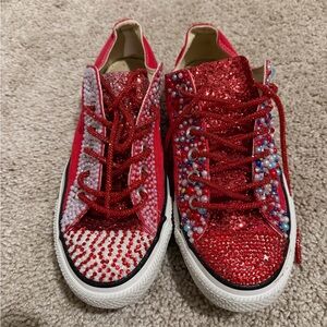 Custom Red Converse Chuck Taylor Low Top Rhinestone Pearl Sneakers 8.5
